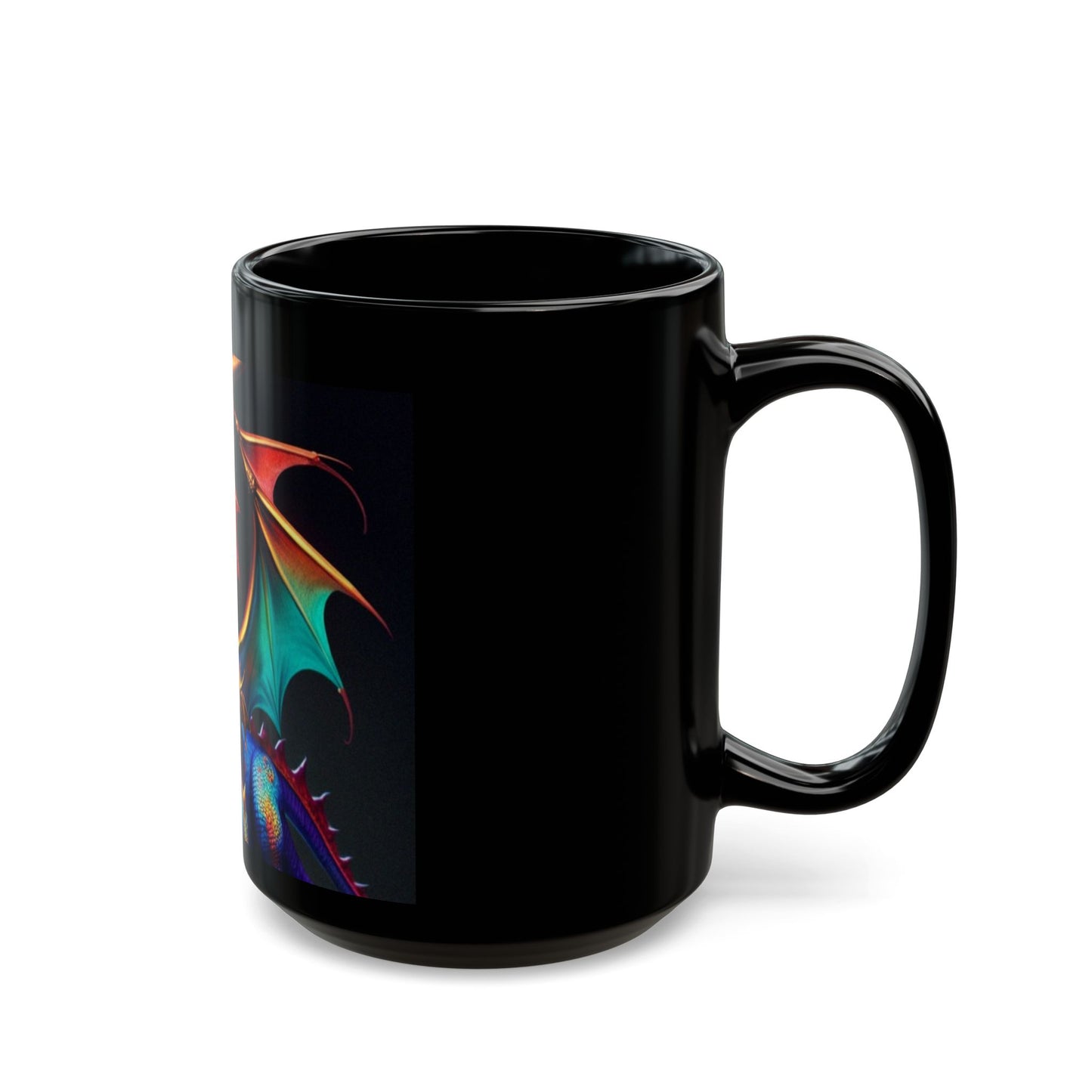 Black mug with a colorful dragon design on a white background