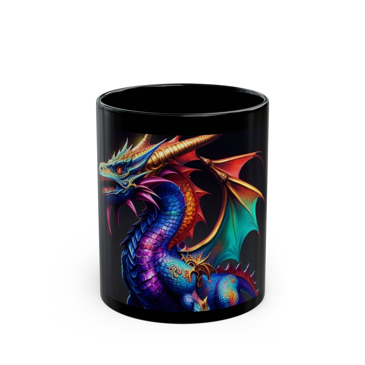 Black mug with a colorful dragon design on a white background