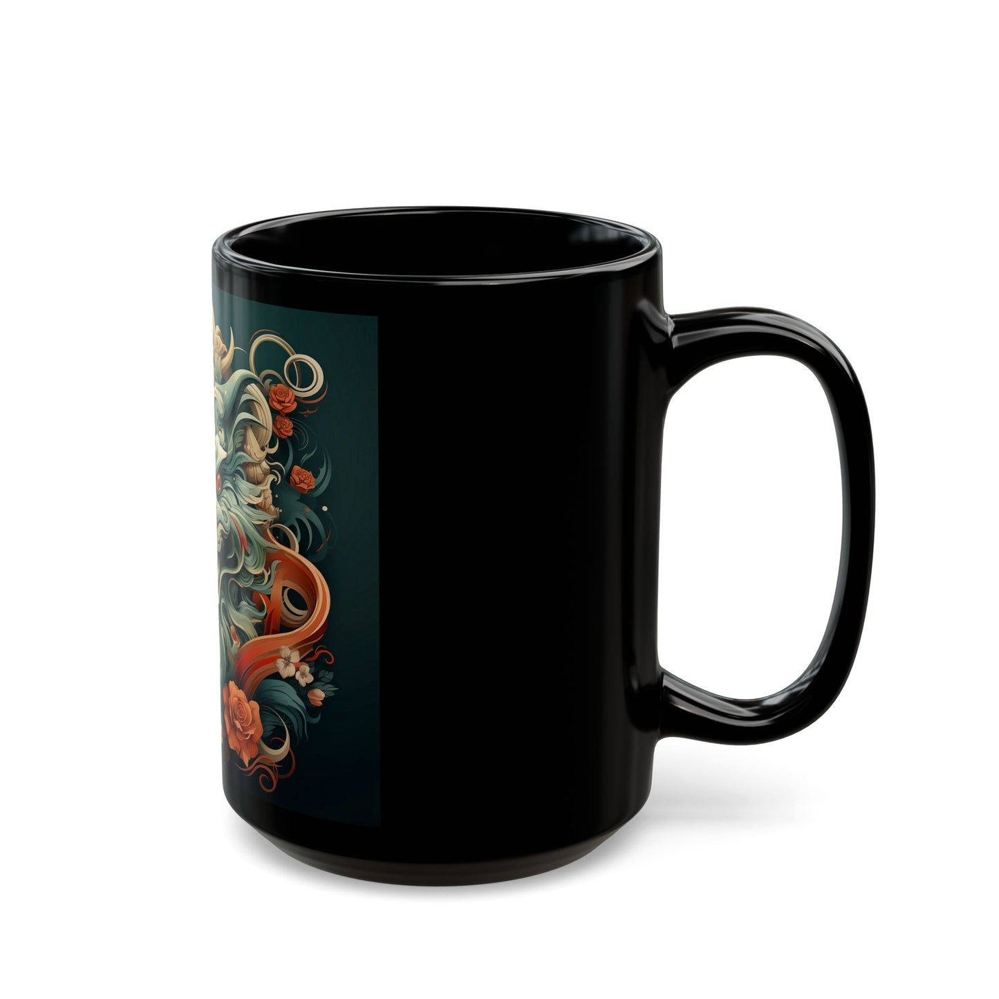 Black mug with colorful dragon design on a white background
