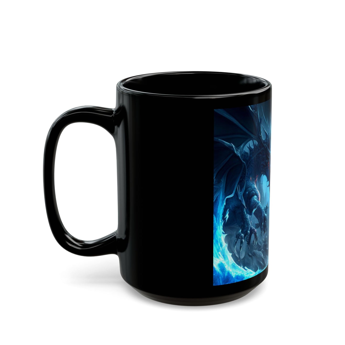 Black mug with blue and white design on a white background