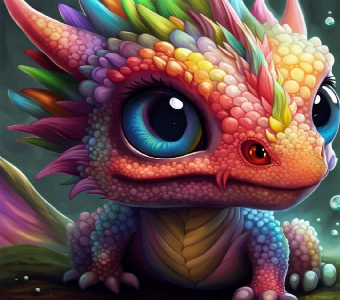 Colorful dragon illustration with large eyes and a detailed texture.