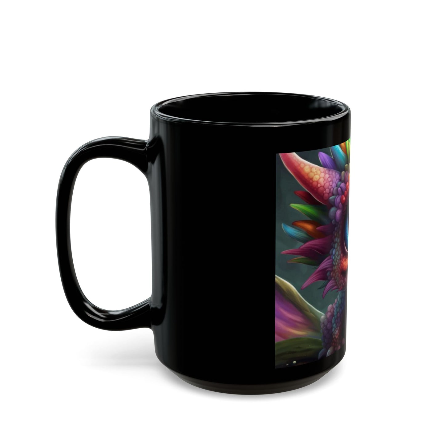 Black mug with a colorful dragon design on a white background