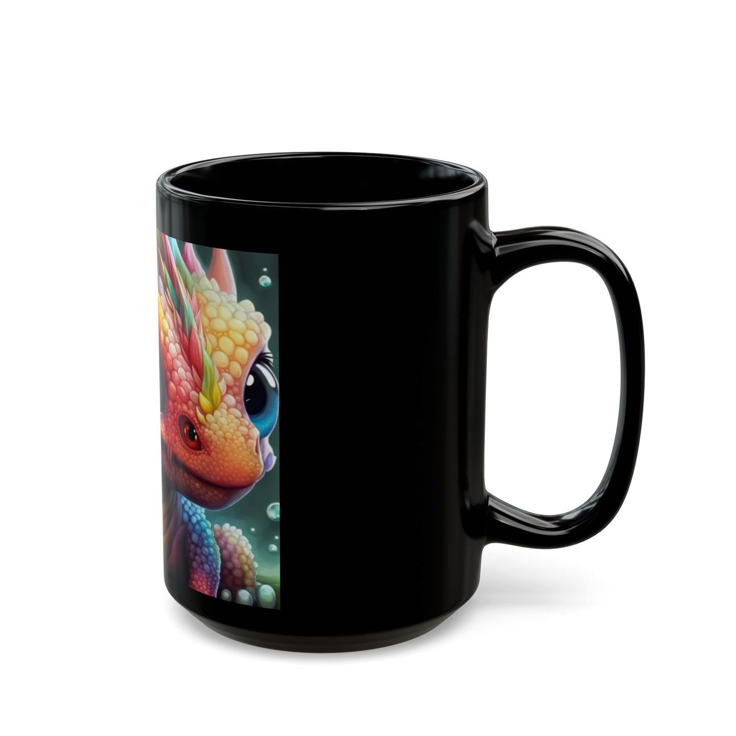 Black mug with a colorful dragon design on a white background