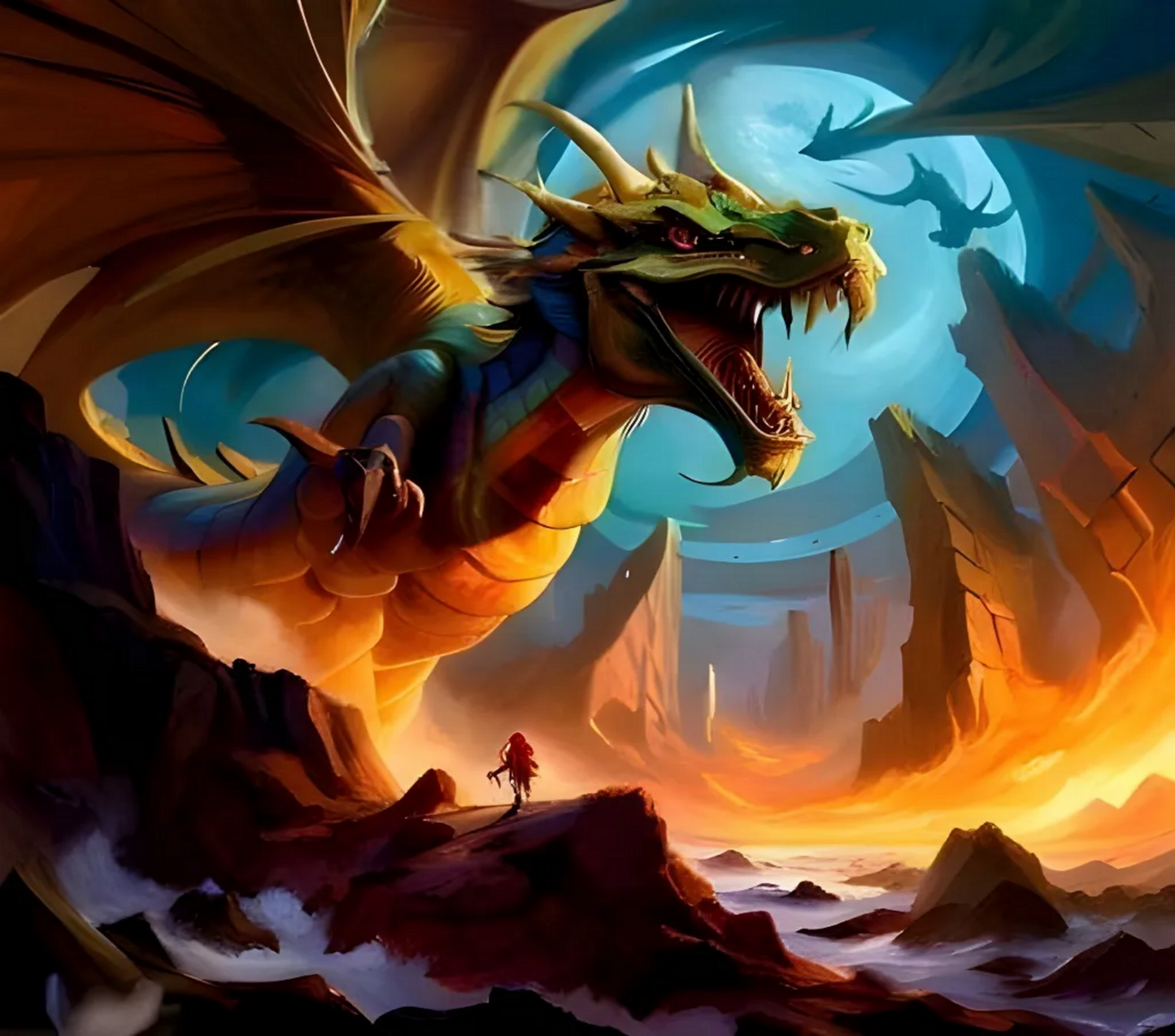 Dragon guarding a castle with a person in the foreground