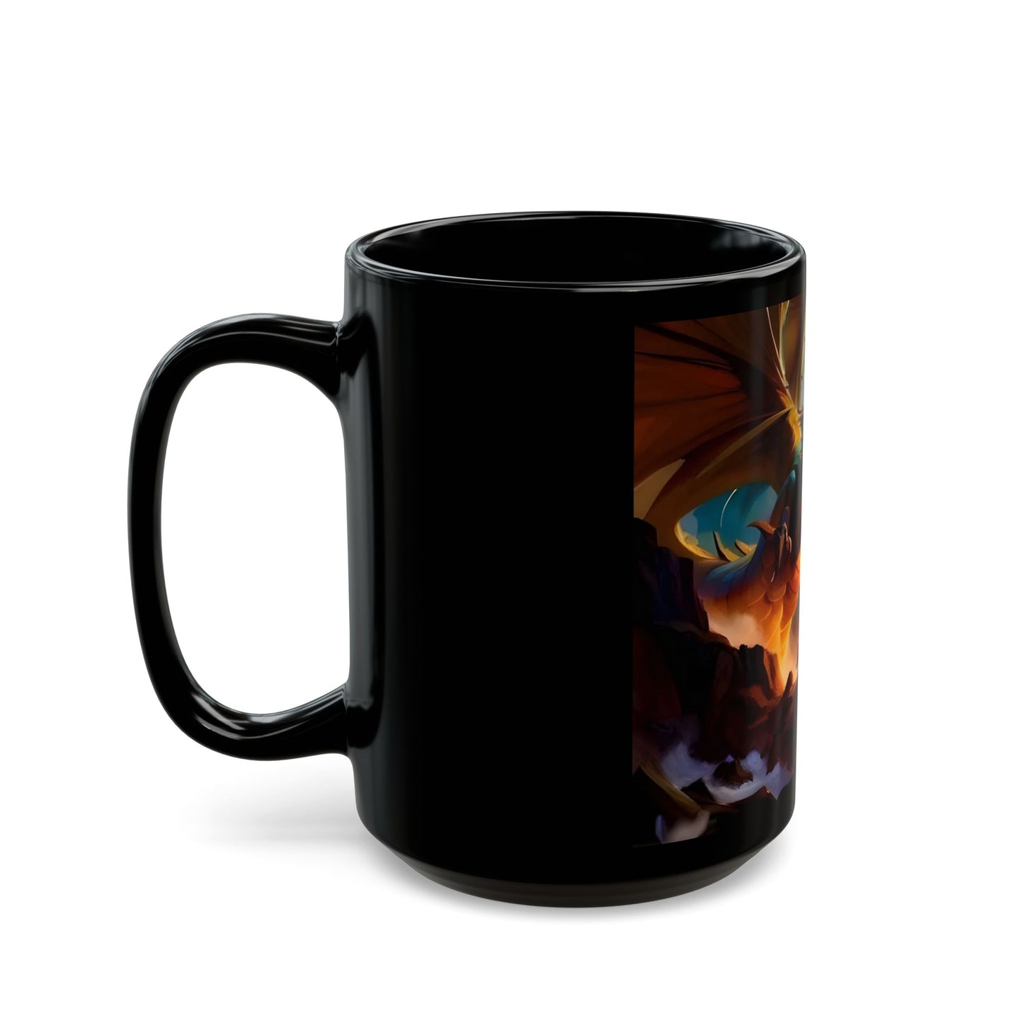 Black mug with a colorful butterfly design on a white background