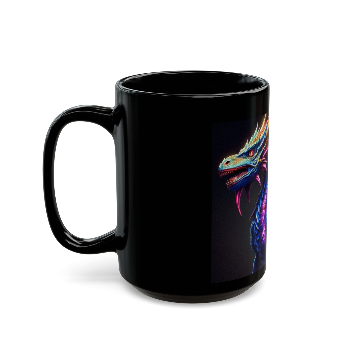 Black mug with a colorful dragon design on a white background