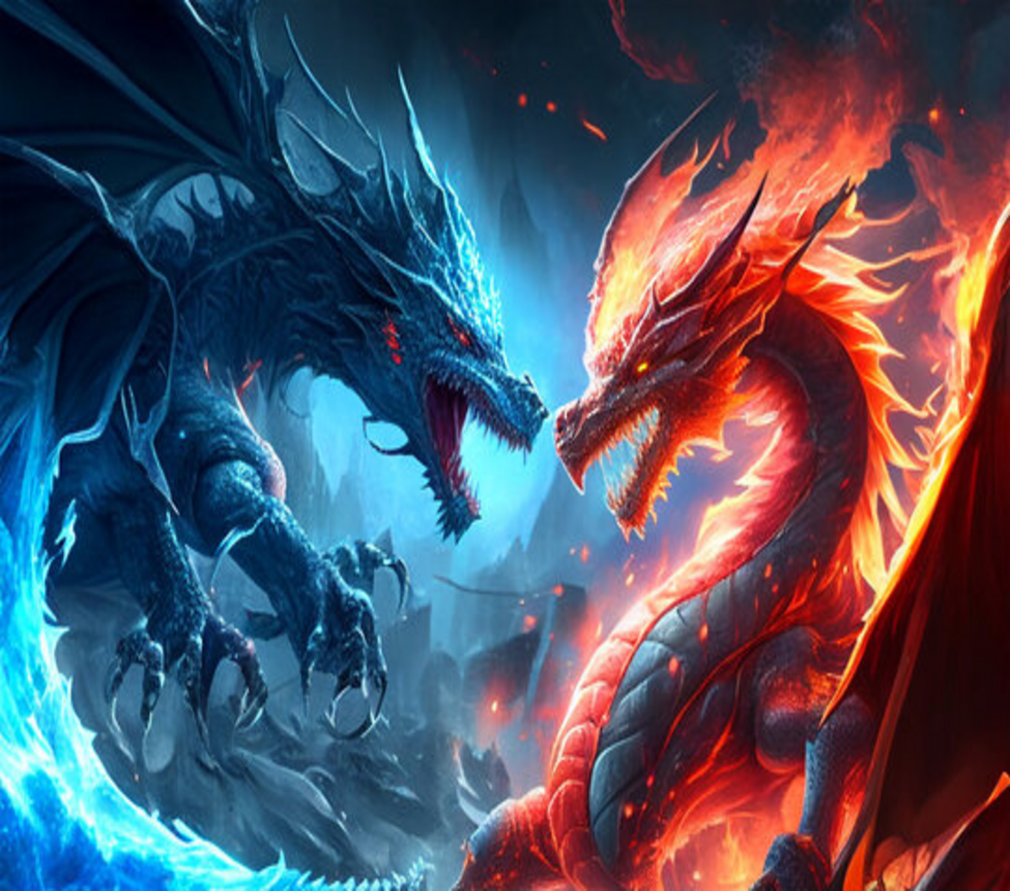 Two dragons, one blue and one red, facing each other with a fiery and icy background.