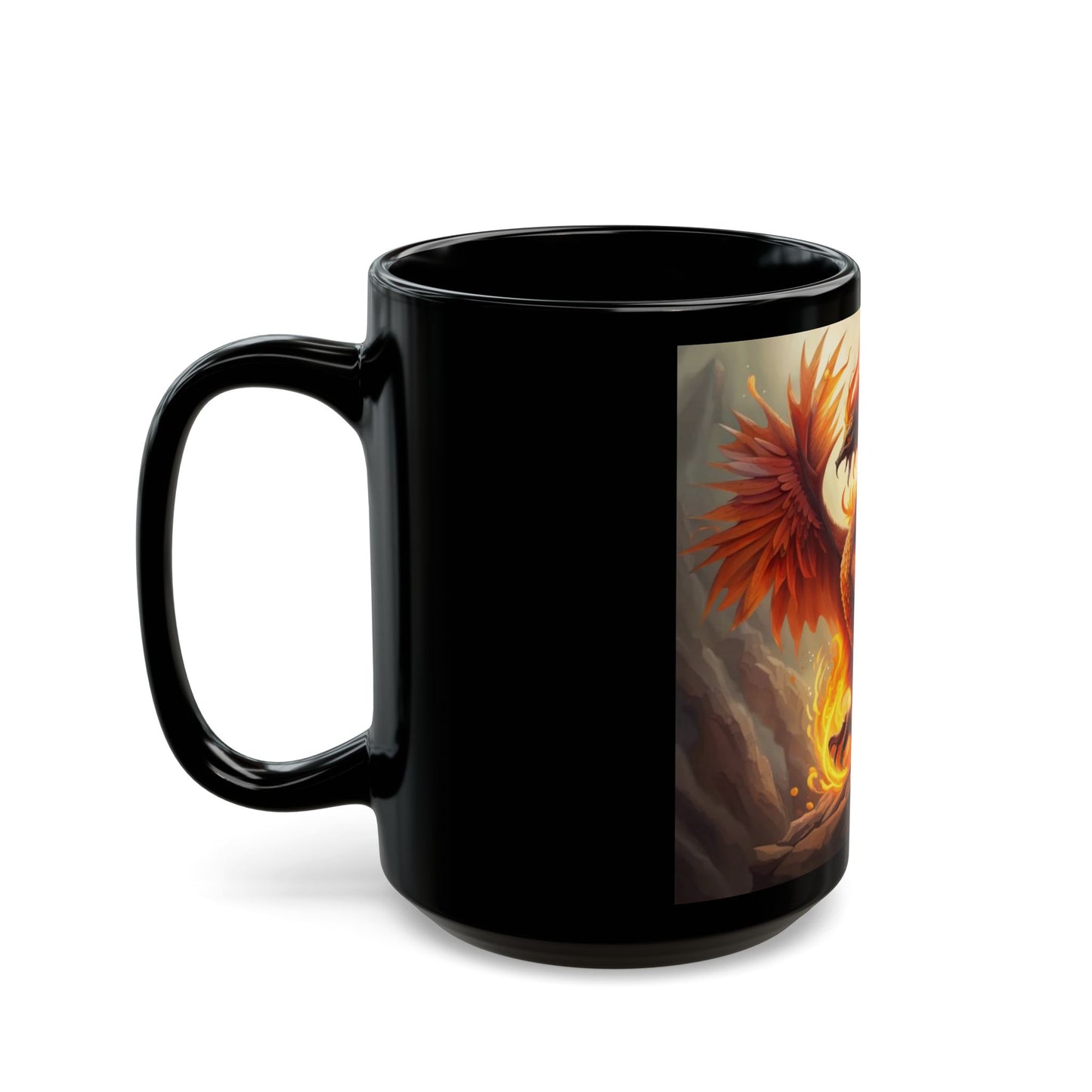 Black mug with a colorful dragon design on a white background