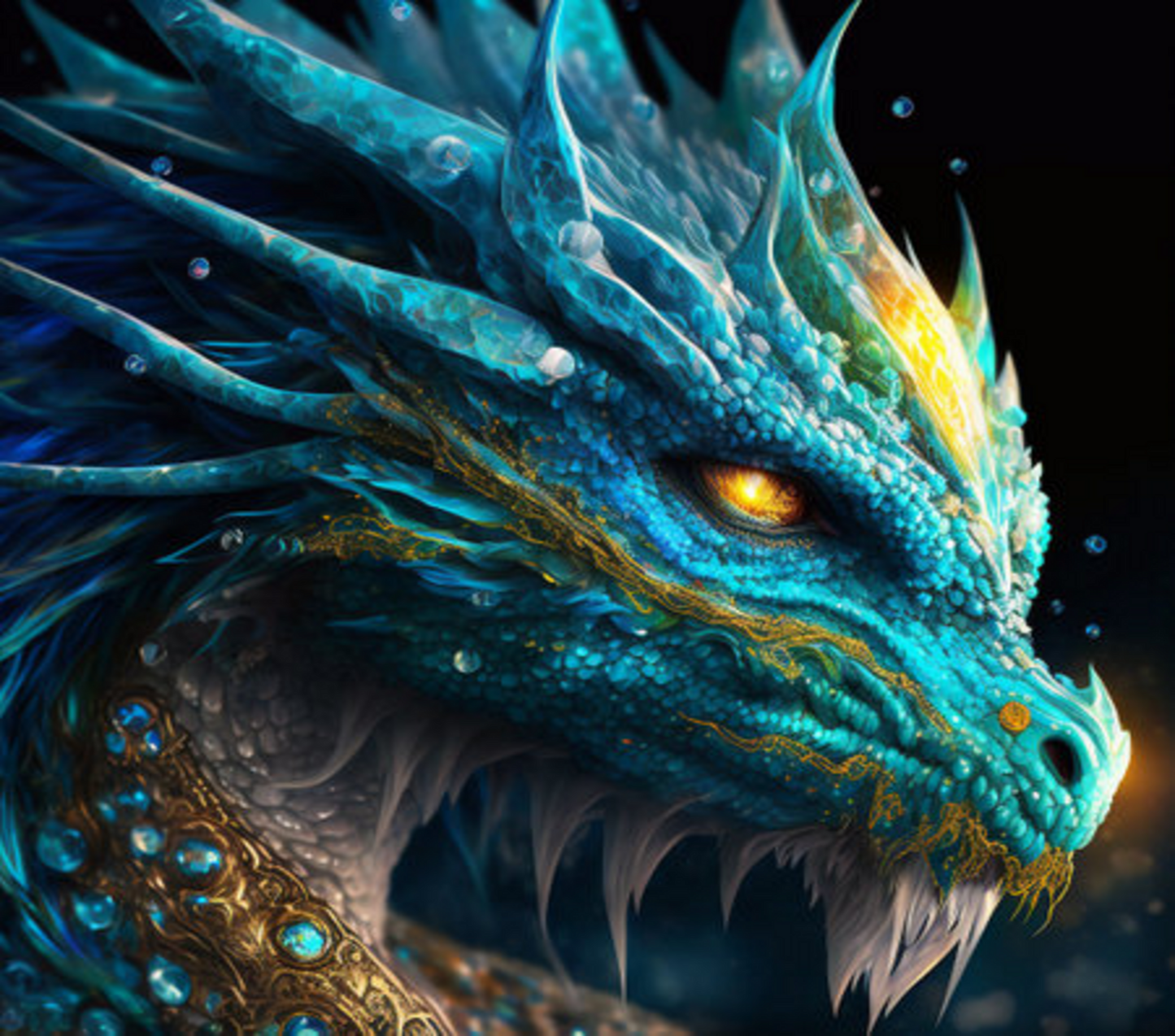 Close-up of a blue dragon's head with detailed scales and glowing eyes against a dark background