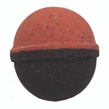 Red and black spherical object on a white background