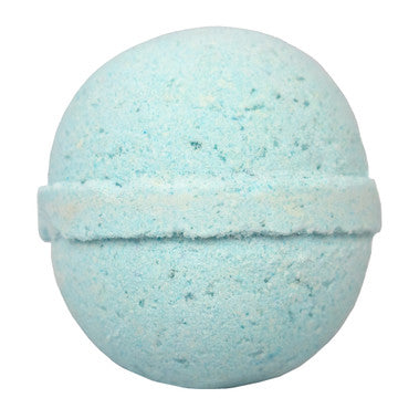 Light blue bath bomb with textured surface on a white background