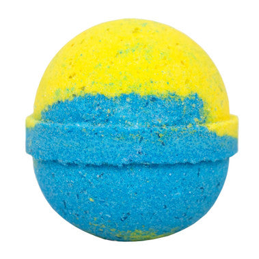 Yellow and blue bath bomb on a white background