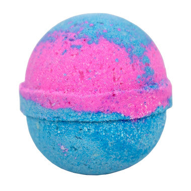 Multicolored bath bomb with pink and blue colors on a white background