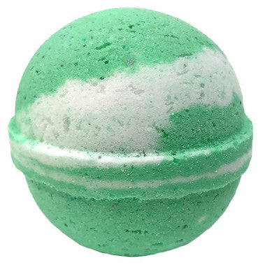Green bath bomb with white top on a white background