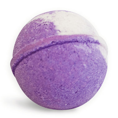 Purple and white bath bomb on a white background