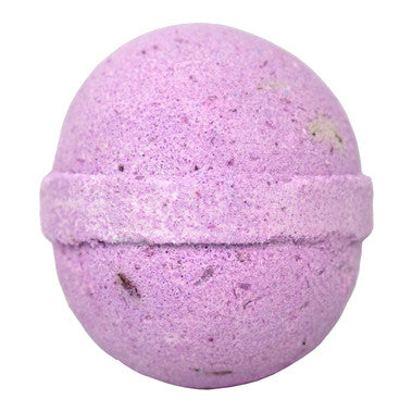Purple bath bomb with speckles on a white background
