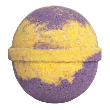 Purple and yellow bath bomb on a white background