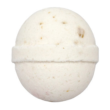 White bath bomb with specks on a white background