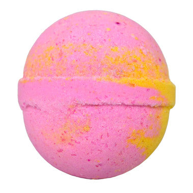 Pink and yellow bath bomb on a white background