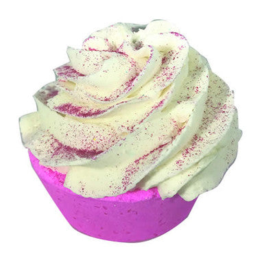 Bath bomb with pink and white swirls in a purple mold on a white background