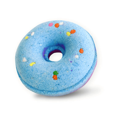 Blue donut-shaped bath bomb with colorful sprinkles on a white background