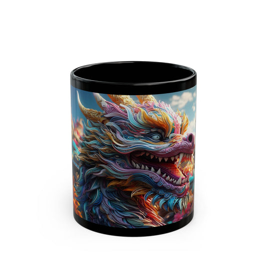 Mug with a colorful dragon design on a white background