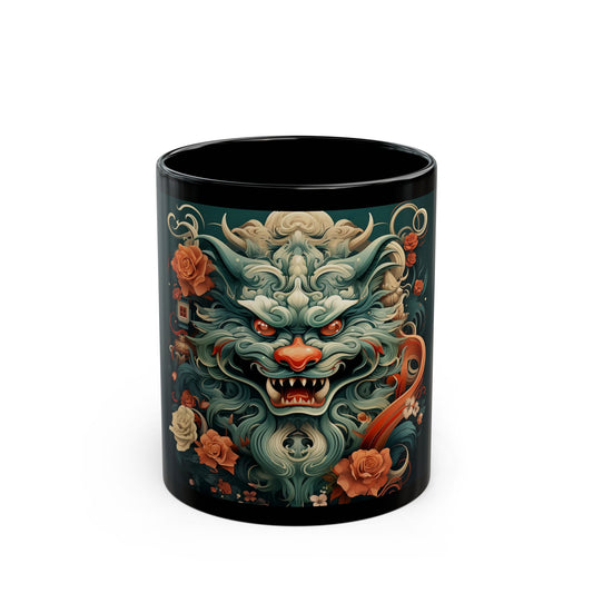 Black mug with a dragon and floral design on a white background