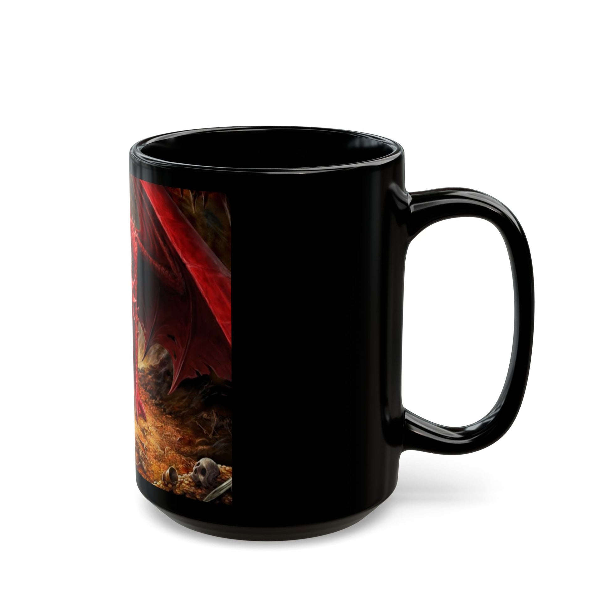 Black mug with a colorful design on a white background