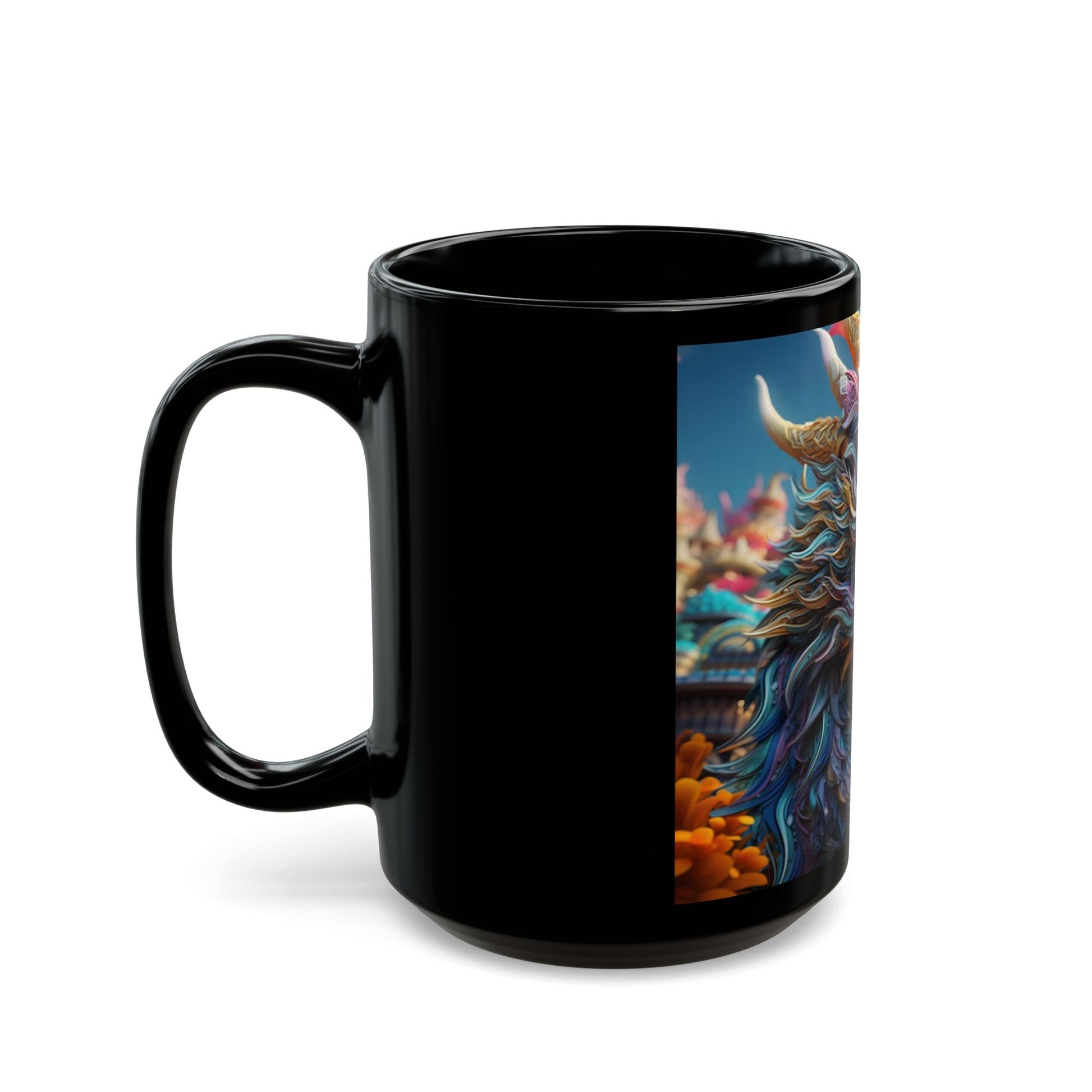 Black mug with a colorful dragon design on a white background
