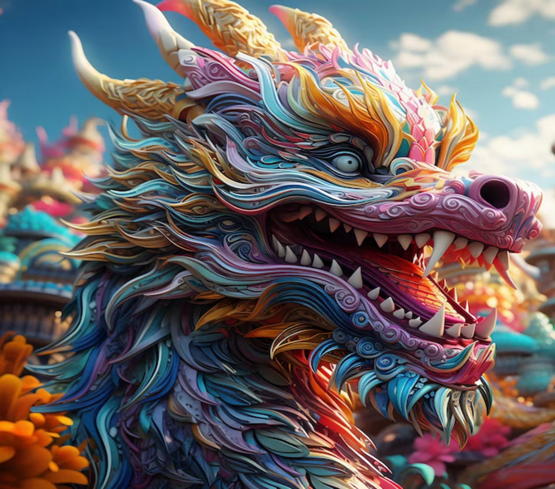 Colorful dragon sculpture against a bright blue sky with fluffy clouds