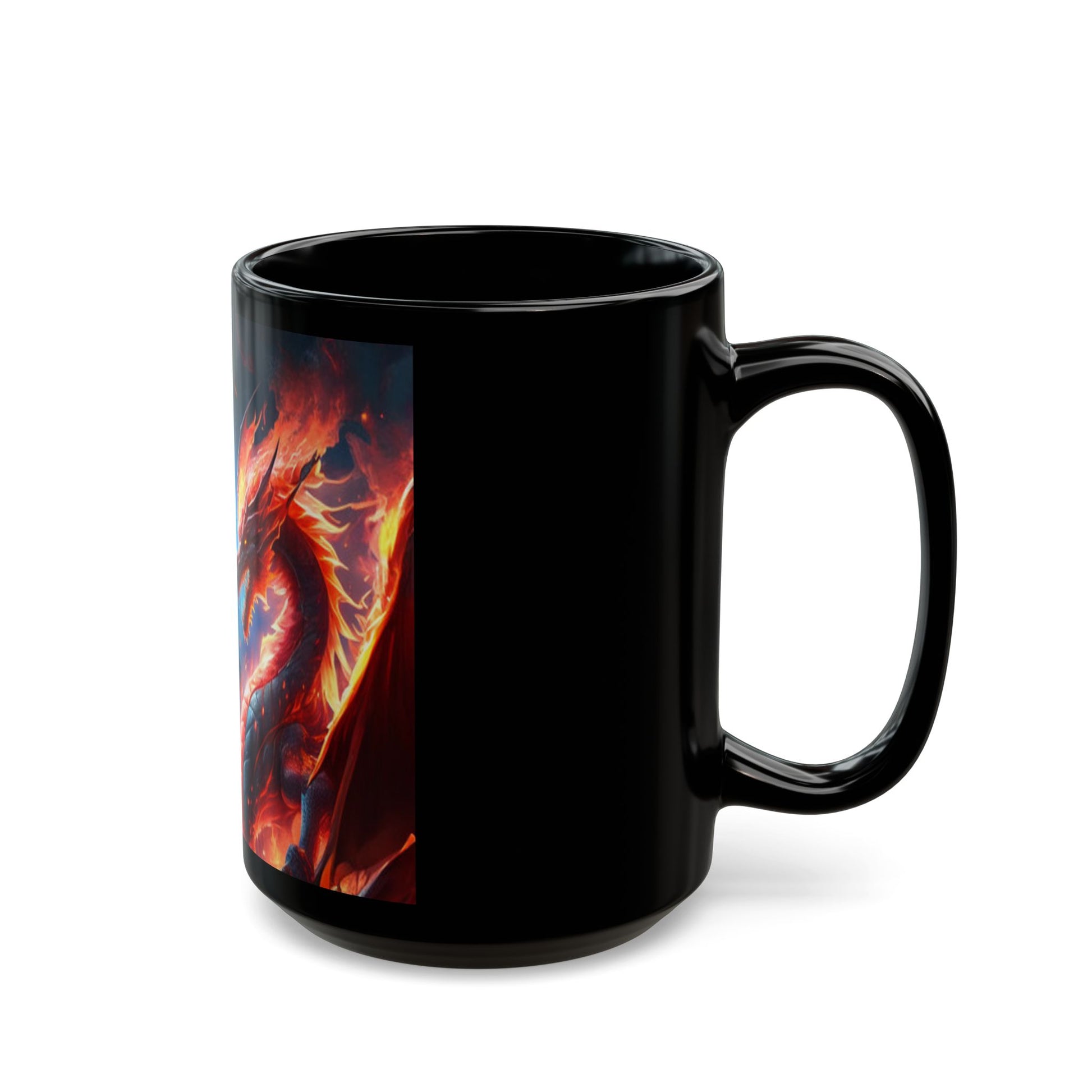 Black mug with a colorful dragon design on a white background