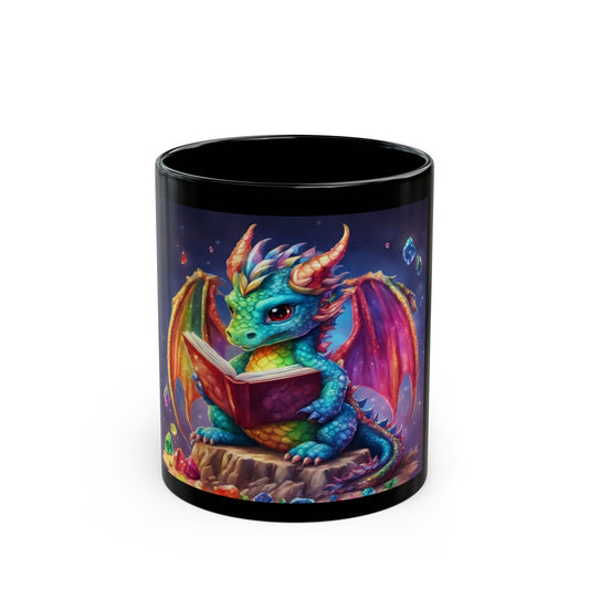 Black mug with a colorful dragon design reading a book on a white background