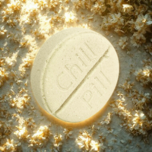 Yellow pill on shiny surface.