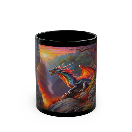 Black mug with a colorful dragon design on a white background