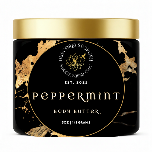 Dulcinea Soapery peppermint body butter jar with gold lid on a white background