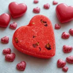 Heart-shaped red macaron with chocolate chips on a white background with scattered heart-shaped candies.