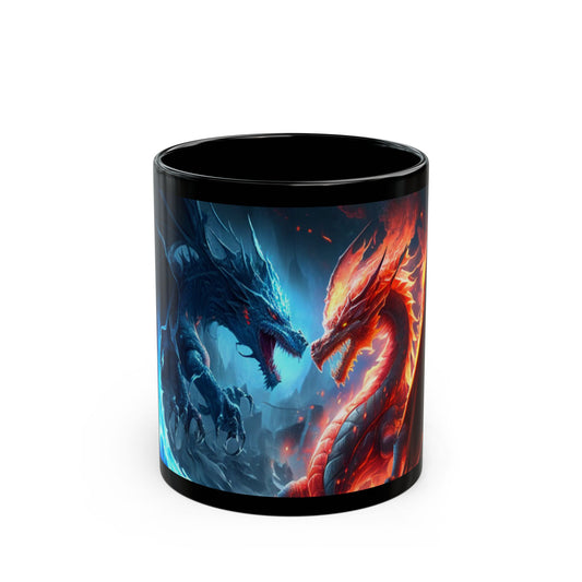 Black mug with a design of two dragons, one blue and one red, on a white background.