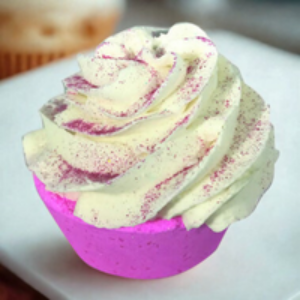 Cupcake with pink and white swirl frosting on a white plate