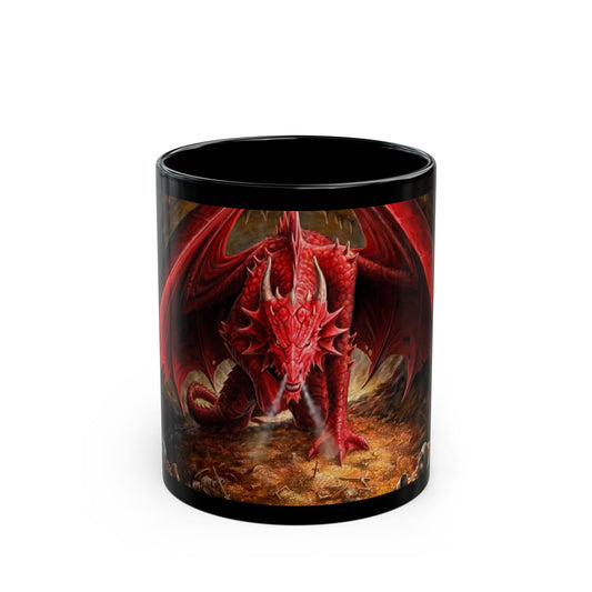 Black mug with a red dragon design on a white background