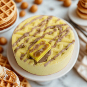 Bath bomb with waffle design on a white plate with waffles around