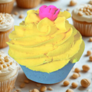 Cupcake-shaped bath bomb with yellow frosting and pink flower on a surface with other bath bombs.