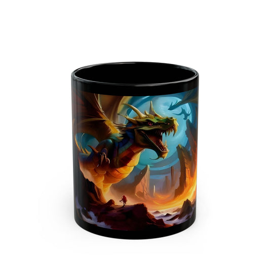 Black mug with a dragon and castle design on a white background