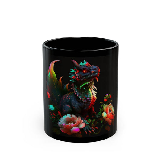 Black mug with a colorful dragon design on a white background