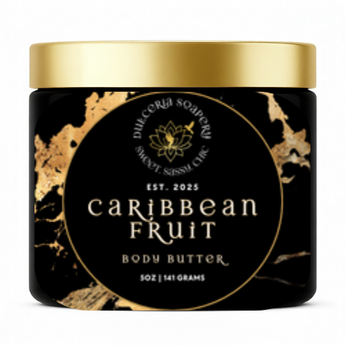 Jar of 'Caribbean Fruit' body butter with gold accents on a white background