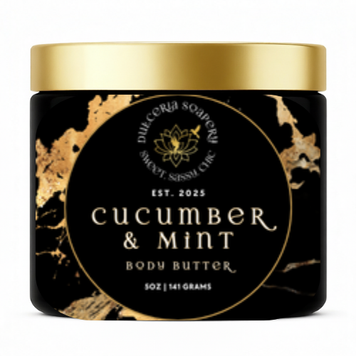 Cucumber & Mint body butter jar with gold lid on a white background