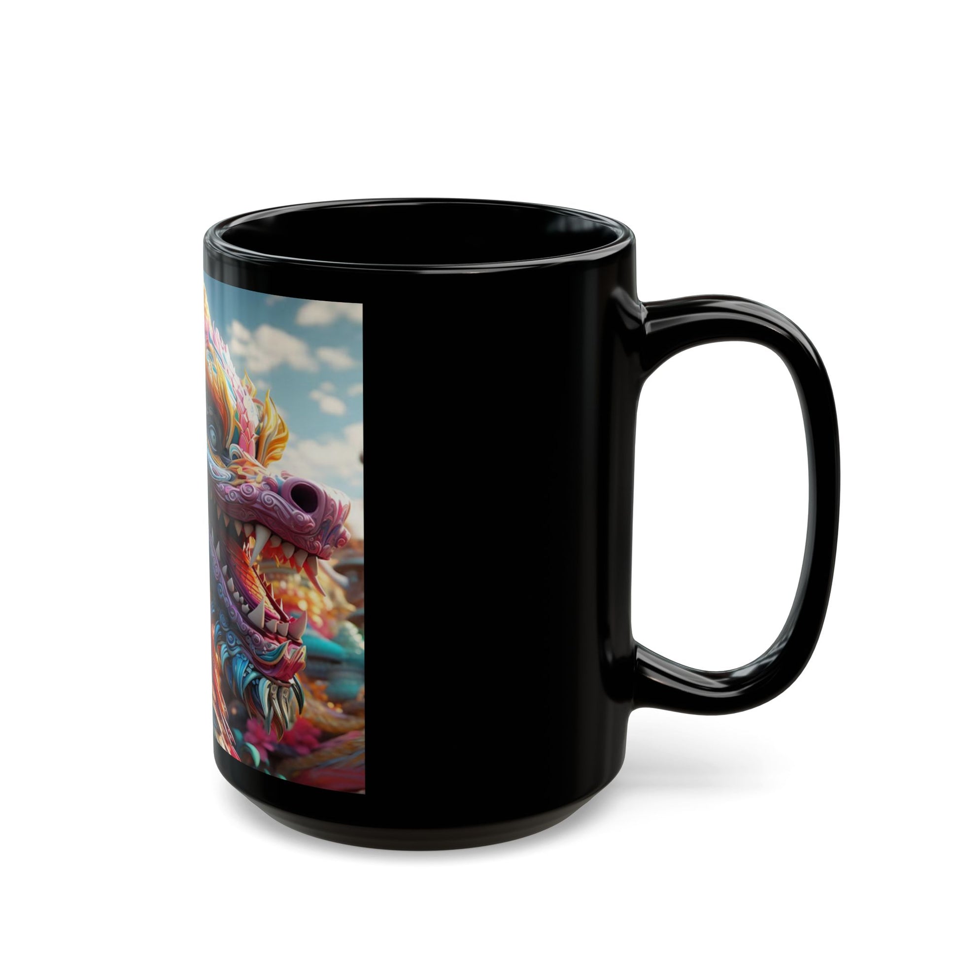 Black mug with a colorful dragon design on a white background