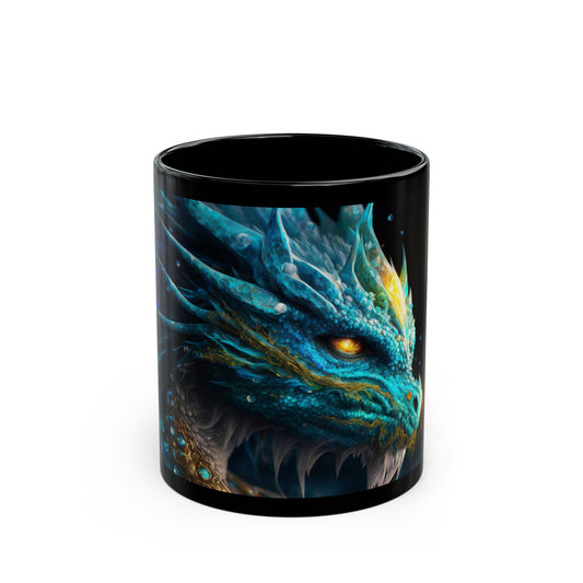 Black mug with a dragon design on a white background