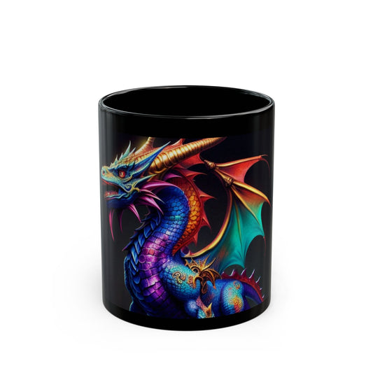Black mug with a colorful dragon design on a white background