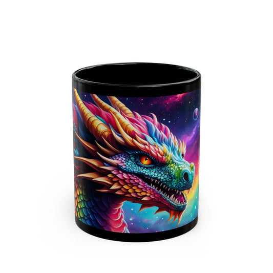 Mug with a colorful dragon design on a white background