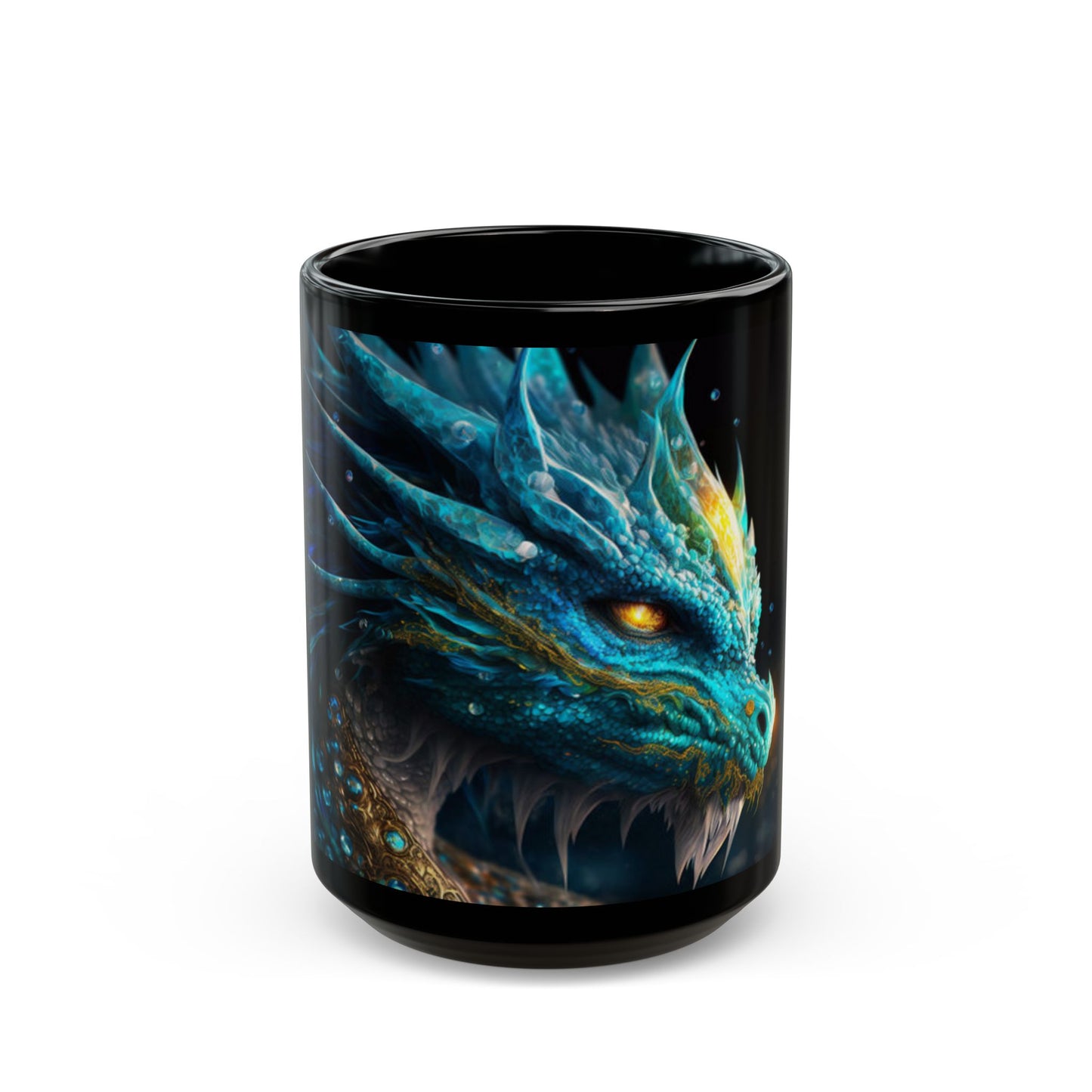 Black mug with a dragon design on a white background